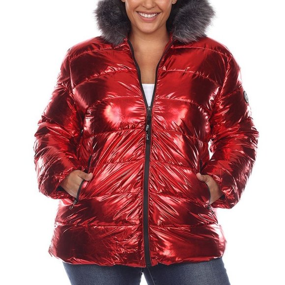 Plus Size Fall Winter RED Metallic Puffer Coat Zippered BLACK with Hoodie 927 - Picture 4 of 4